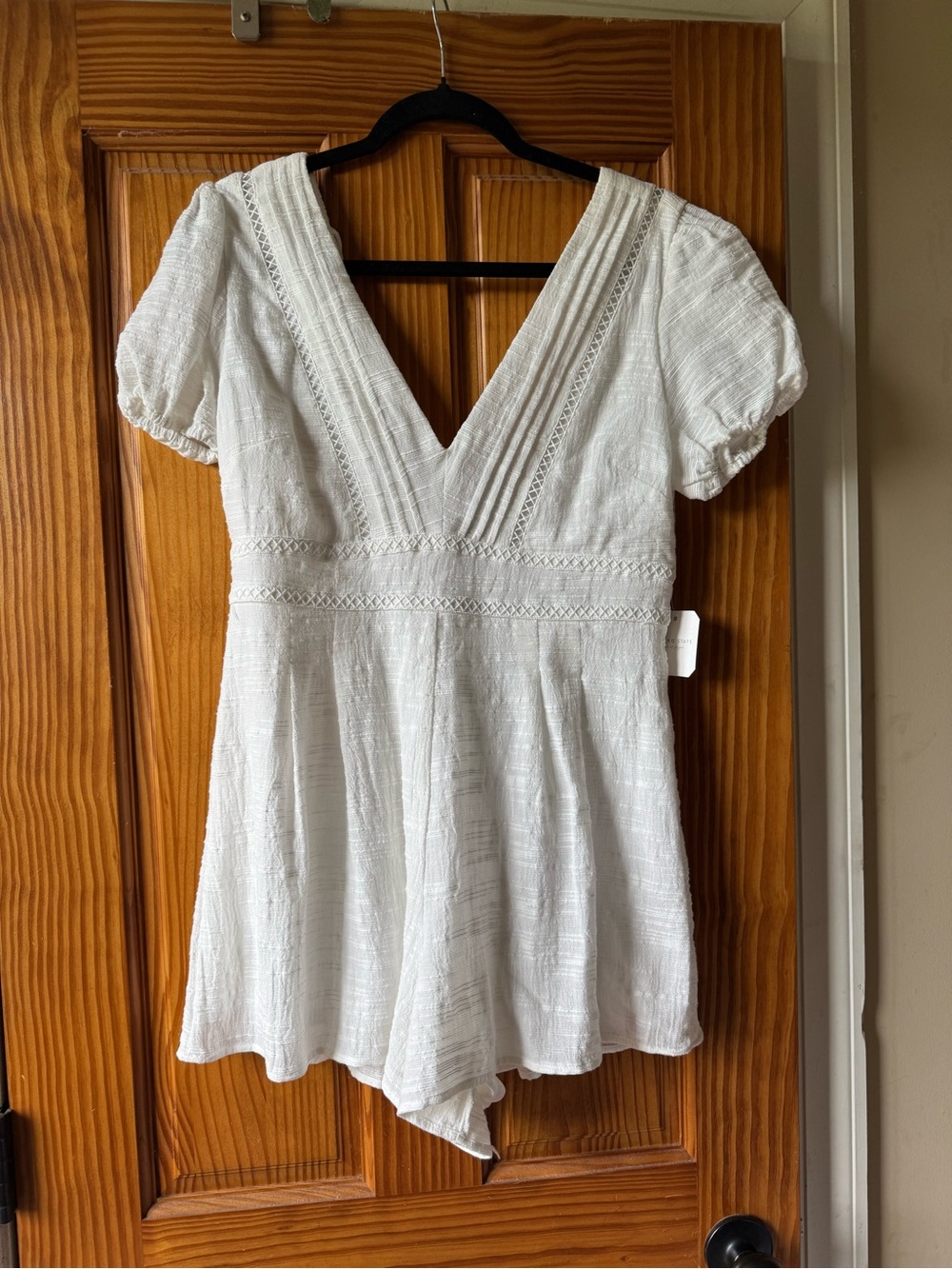 White V-Neck Textured Romper with Lace Trim